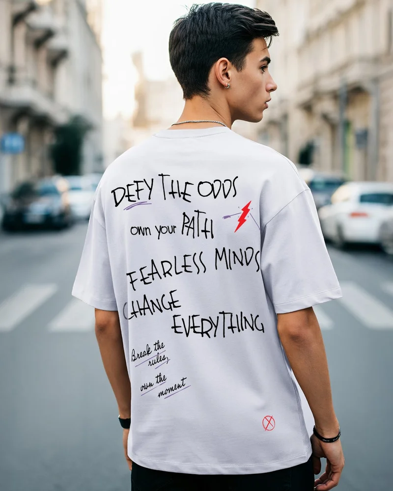 bewakoof Men's Lavender Defy The Odds Typography Oversized T-shirt